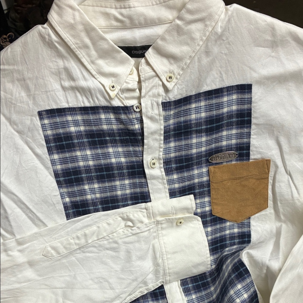 DSQUARED2 White and Blue Plaid Shirt with Tan Pocket